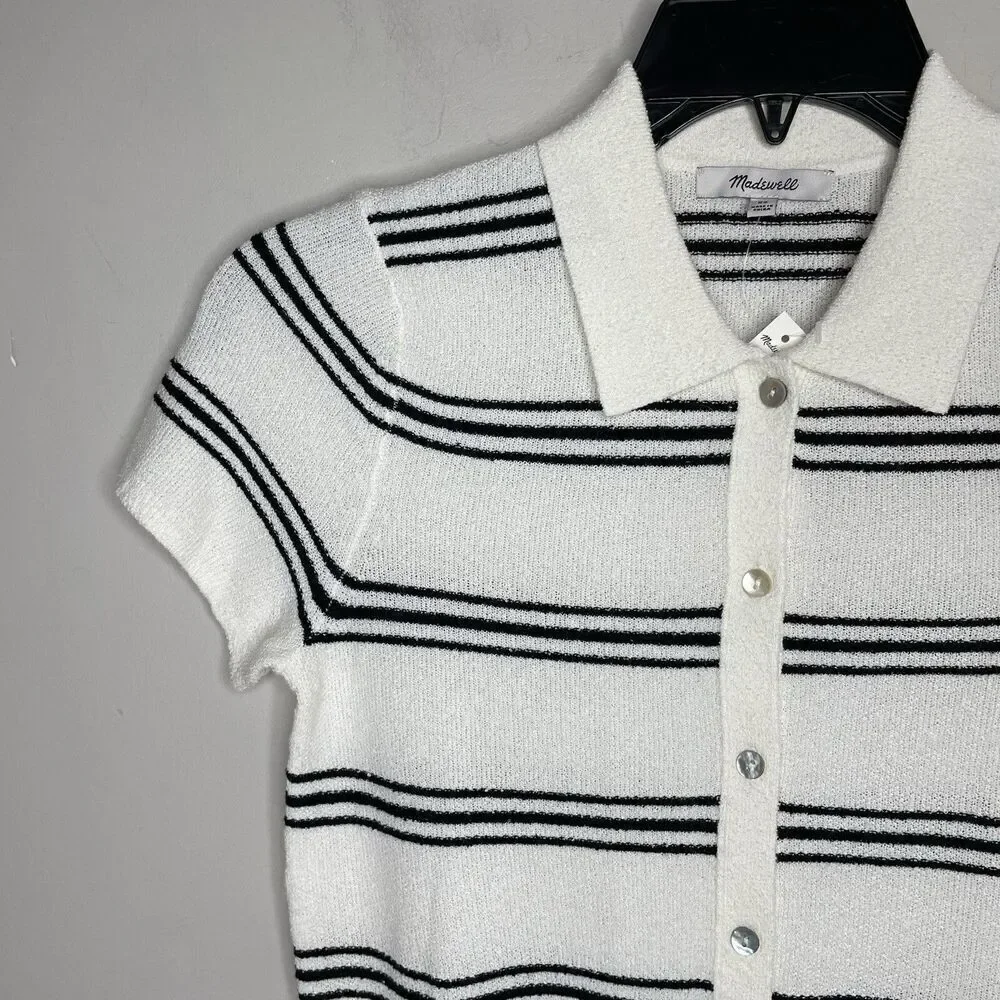 MADEWELL Sweater Women XS Polo Knit Tee NEW Ivory Stripe Short Sleeve NQ341 - Picture 3 of 14
